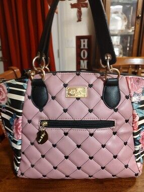 Betsey Johnson Pink Quilted Satchel with Floral & Stripes